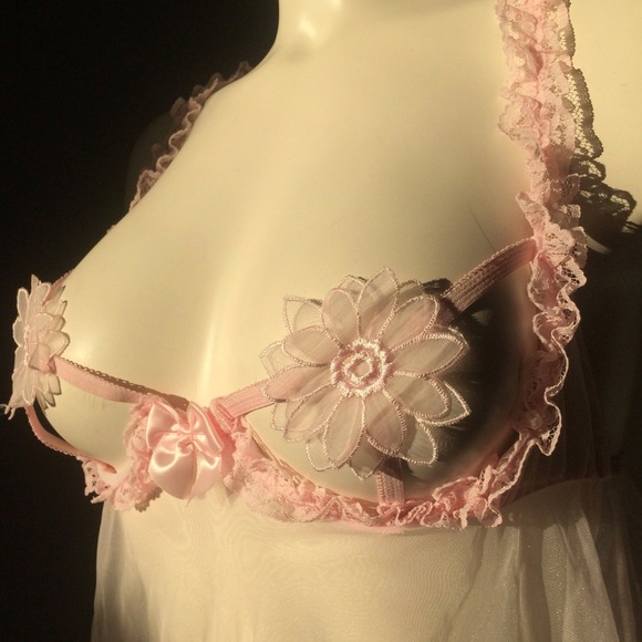 90's Pastel Baby Pink Daisy Pasties Underwire Lace Bra Babydoll Mini Dress - Picture 6 of 10
